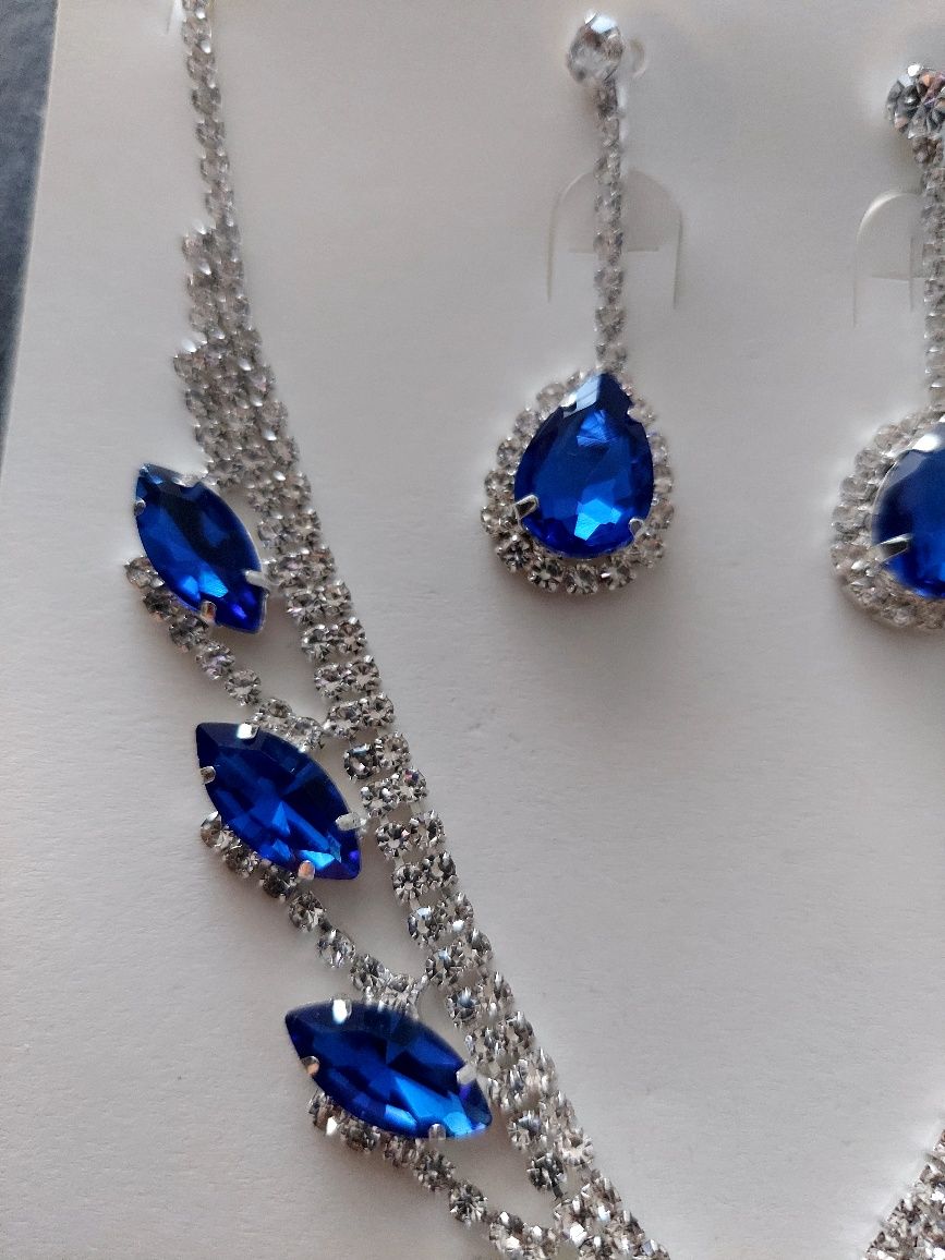 Zestaw biżuteri glamour niebieskie chabrowe kryształki srebrne cyrkoni