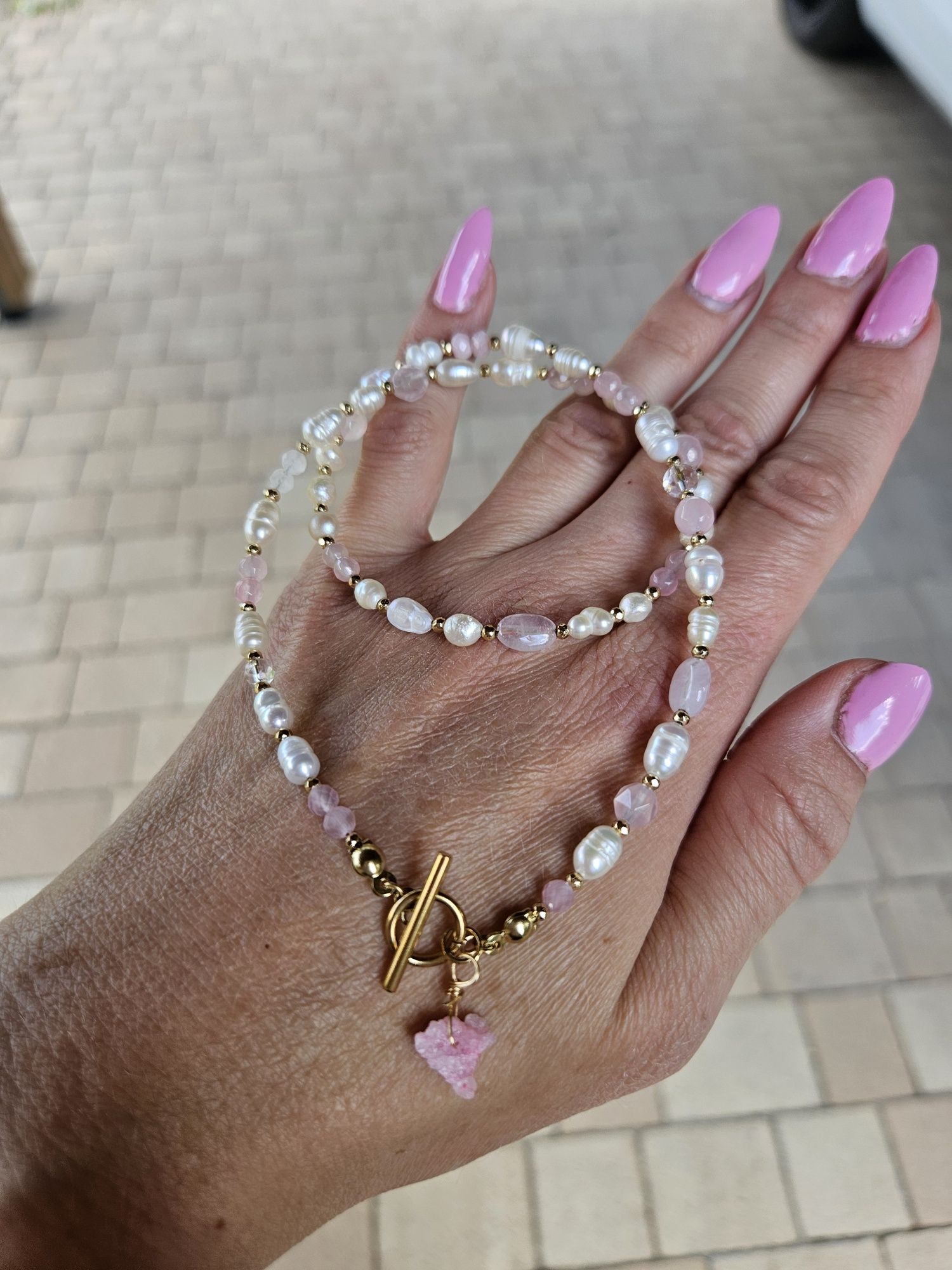 Naszyjnik Choker kamienie naturalne Perły Naturalne Kwarc Różowy Agat
