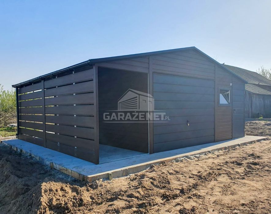 GARAŻ BLASZANY 5X6 + Wiata 1,5X6 Brama Uchylna Okno Drzwi Rynny GB428