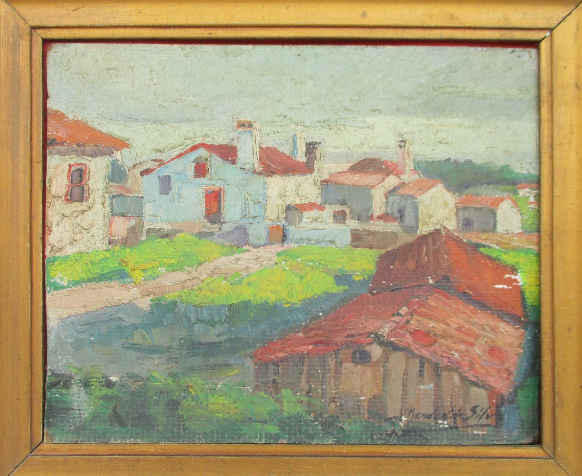 Quadro a óleo da autoria de Mendes da Silva, assinado