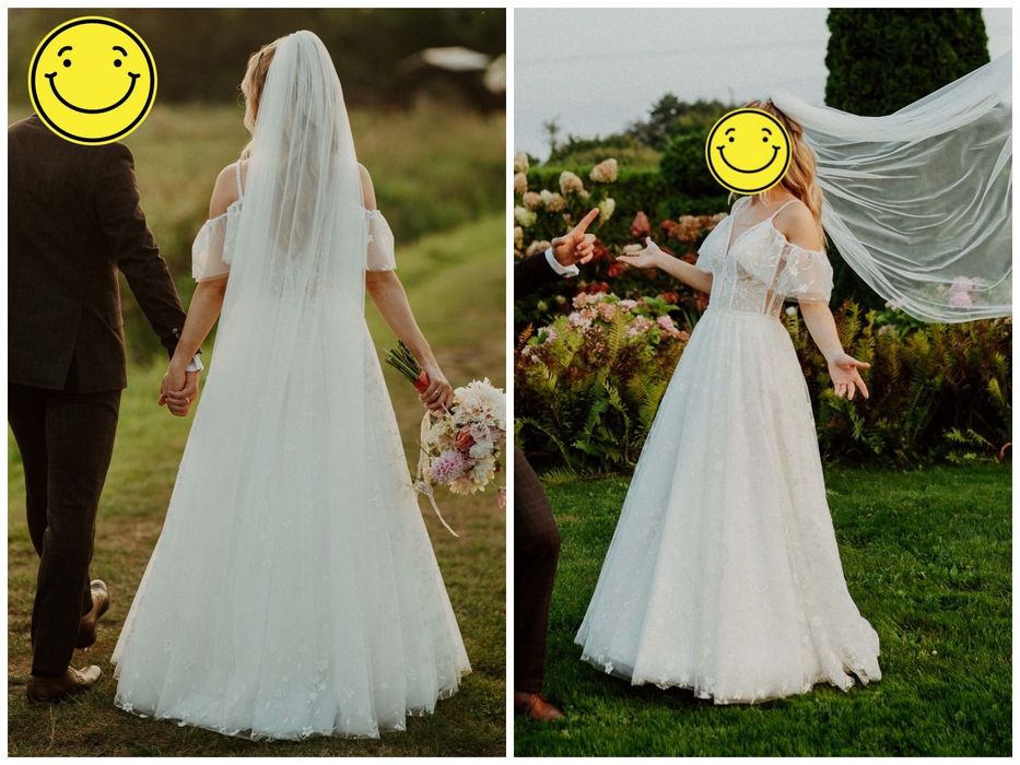 Suknia ślubna z rękawkami - brokat, perełki, kwiaty - księżniczka