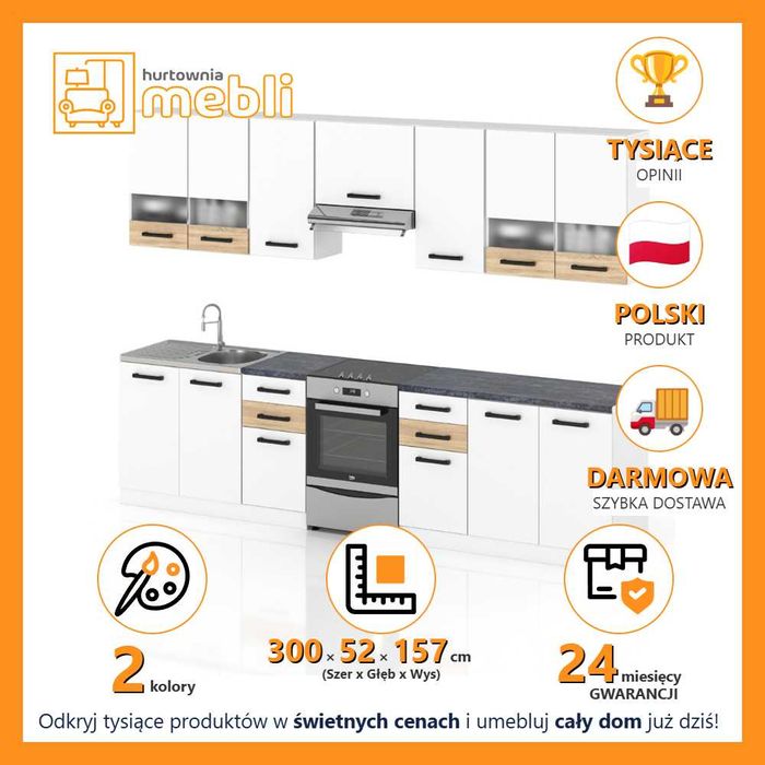 Kuchnia Modułowa Zestaw Elio 3.0m Zestaw Kuchenny Nowoczesny Pojemny