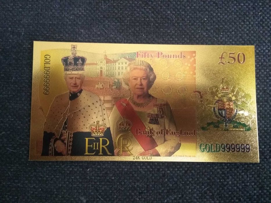 Banknot kolekcjonerski pozłacany - 50 funtów Karol III