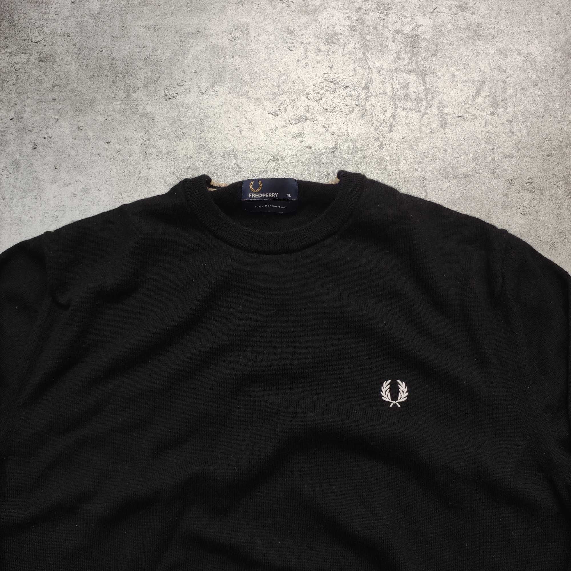 MĘSKI Elegancki Sweter Wełna MERINO Premium Czarny Pleciony Fred Perry