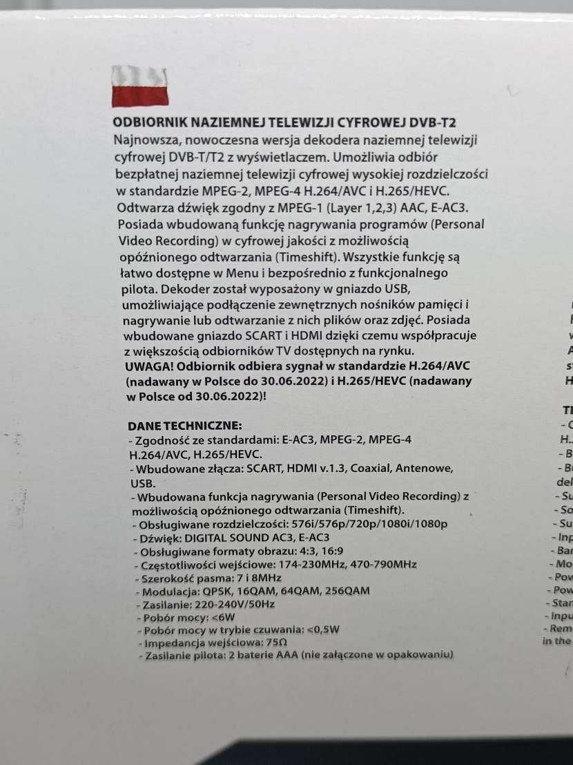 Dekoder,tuner telewizji naziemnej cyfrowej DVB-T2,nowy,24m/gw,