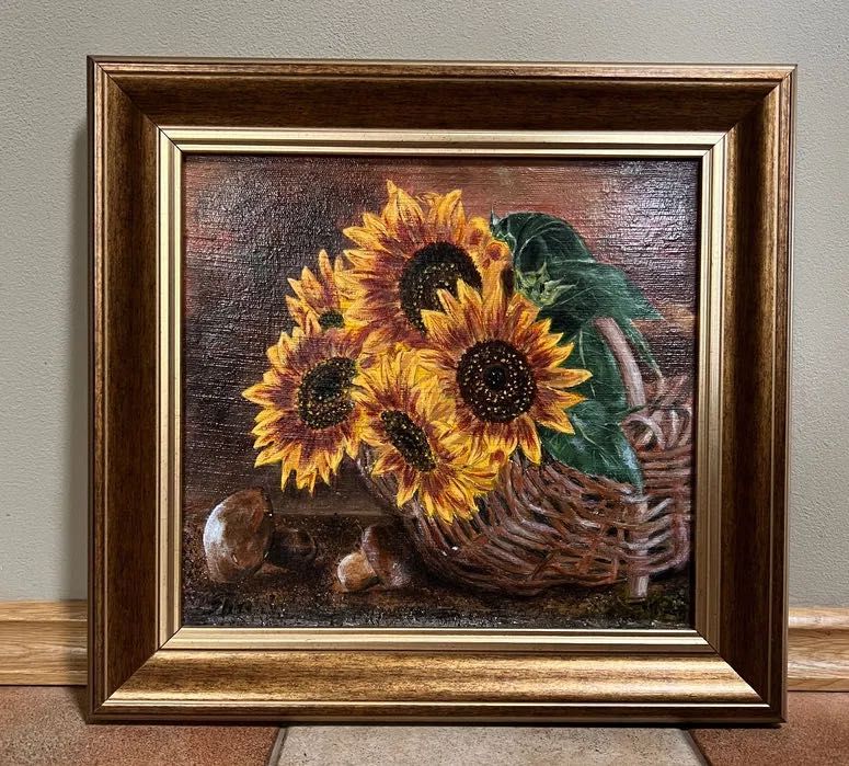 Obraz olejny, ręcznie malowany, oprawiony w ramę, słoneczniki, kwiaty