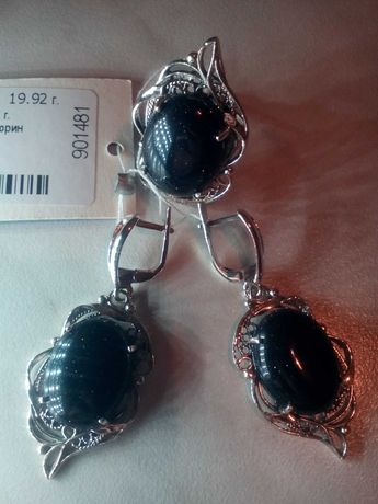 Серебряные серьги и кольцо с натуральным авантюрином  - комплект.