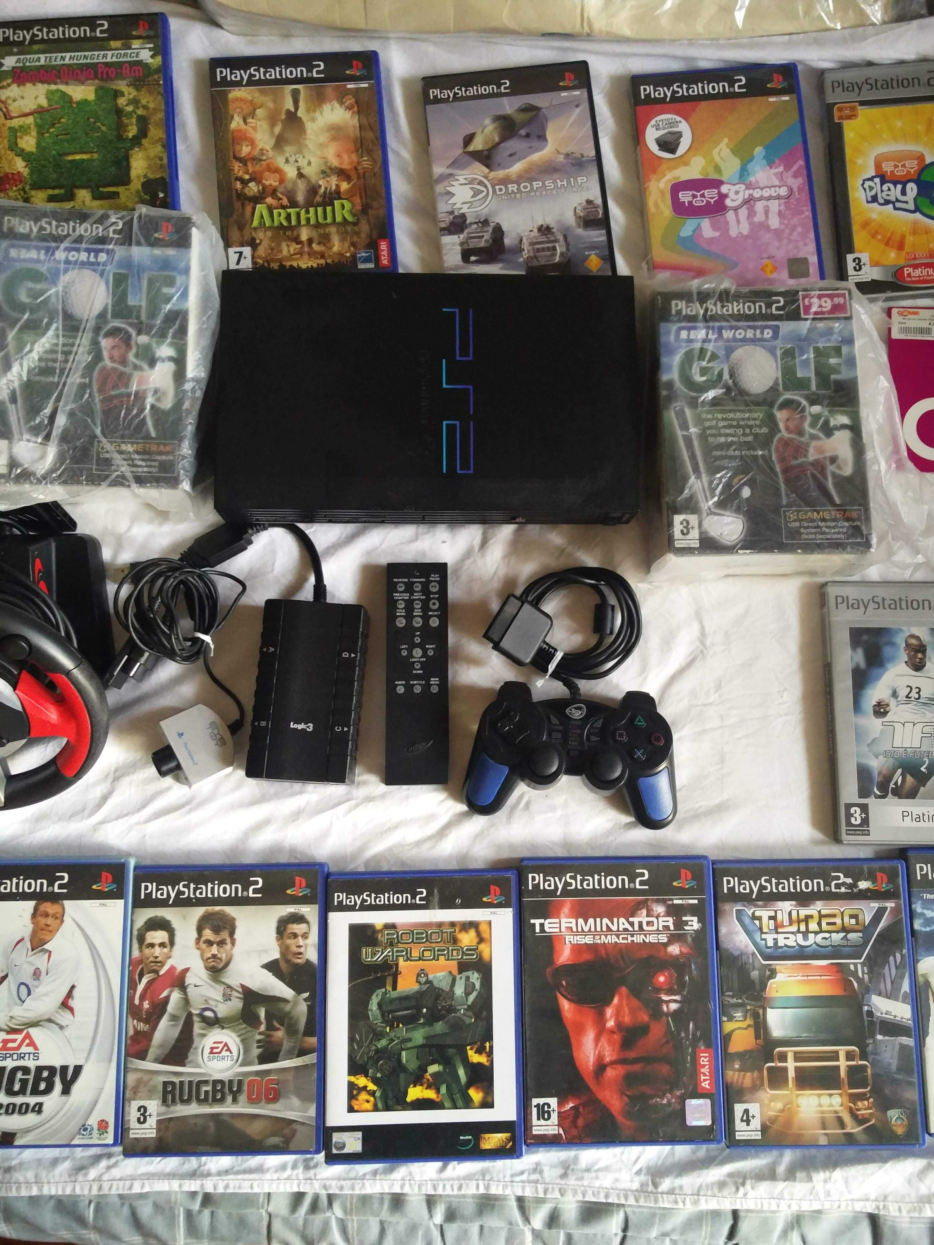 Conjunto PS2::Console, 23 jogos e 8 acessórios