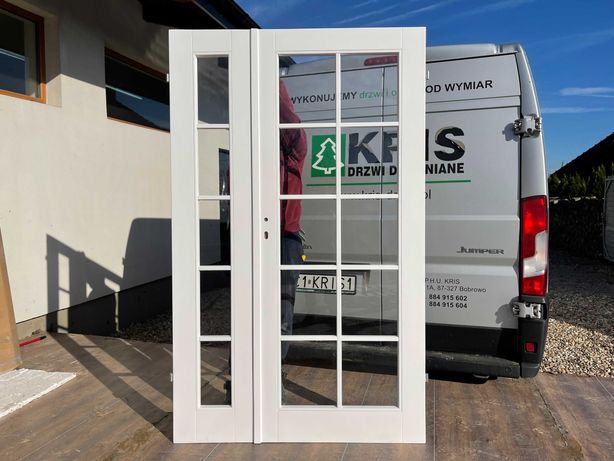 Drzwi drewniane OD RĘKI dwuskrzydłowe białe francuskie