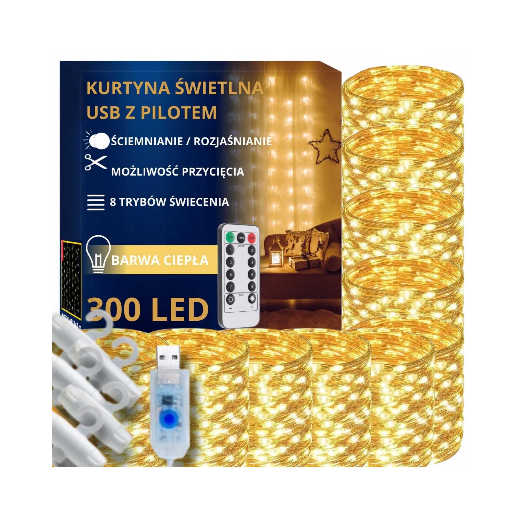 Kurtyna Świetlna 300LED Lampki Choinkowe + Pilot zdalnego sterowania