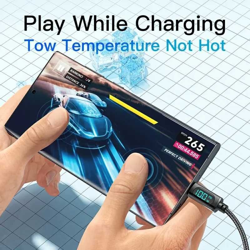 Kabel z Wyświetlaczem ESSAGER 1m USB-C - USB-C 100W QC Czarny Przewód
