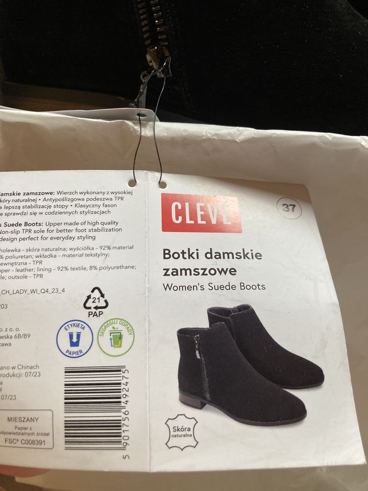 Cleve botki czarne zamszowe damskie nowe ze skory r.  37