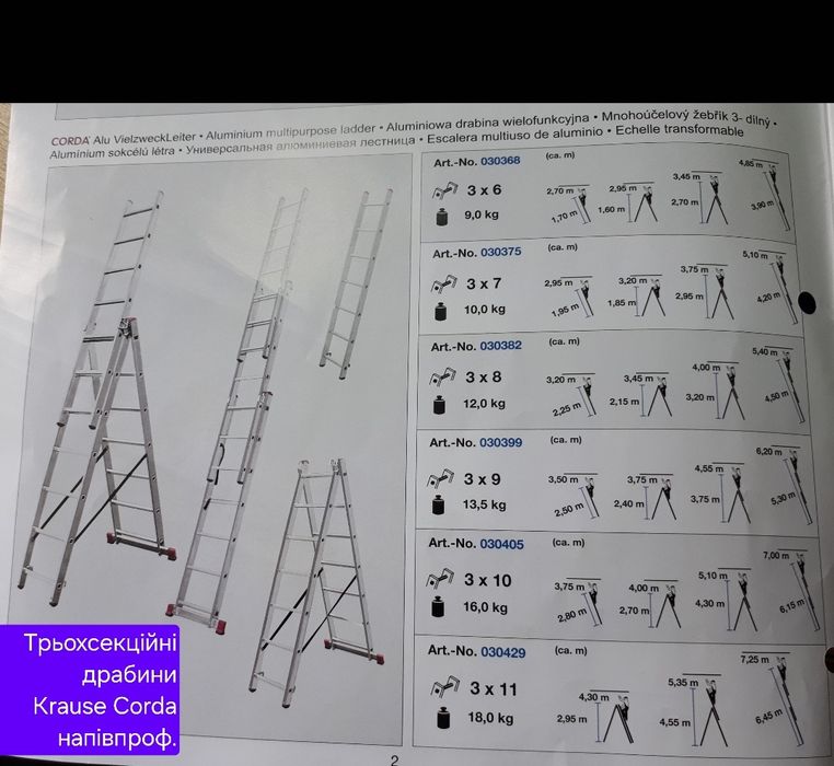 Драбини Краузе (лестницы)трьохсекційні драбини 3х12,3х14,3х15,kraus