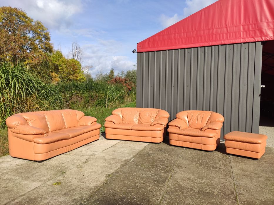 Sofa skórzana 3-osobowa+2-osobowa+fotel+pufa- skóra naturalna! Okazja