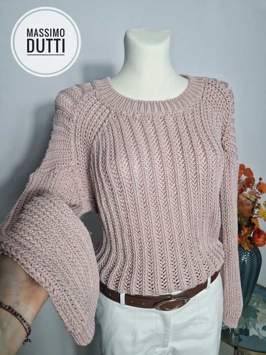 Ciepły sweter splot warkoczowy pudrowy róż bawełna L 40 Massimo Dutti