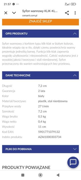 Nowy syfon do wanny firmy Cersanit z korkiem klik