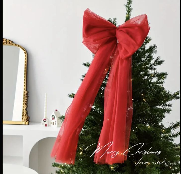 Різдвяна стрічка! Різдвяний бант на ялинку. Червоний та кремовий/білий