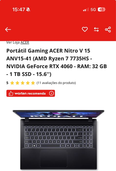 Portatil Gaming Acer Nitro V15