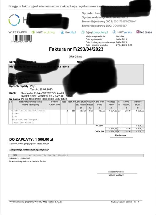 1 x Monitor Dell C2422HE 24'' 1920 x 1080 USB-C kamera głośnik POZNAŃ