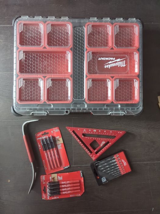 Zestaw Milwaukee Packout, łom, kątownik, marker Inkzall x8, wiertła