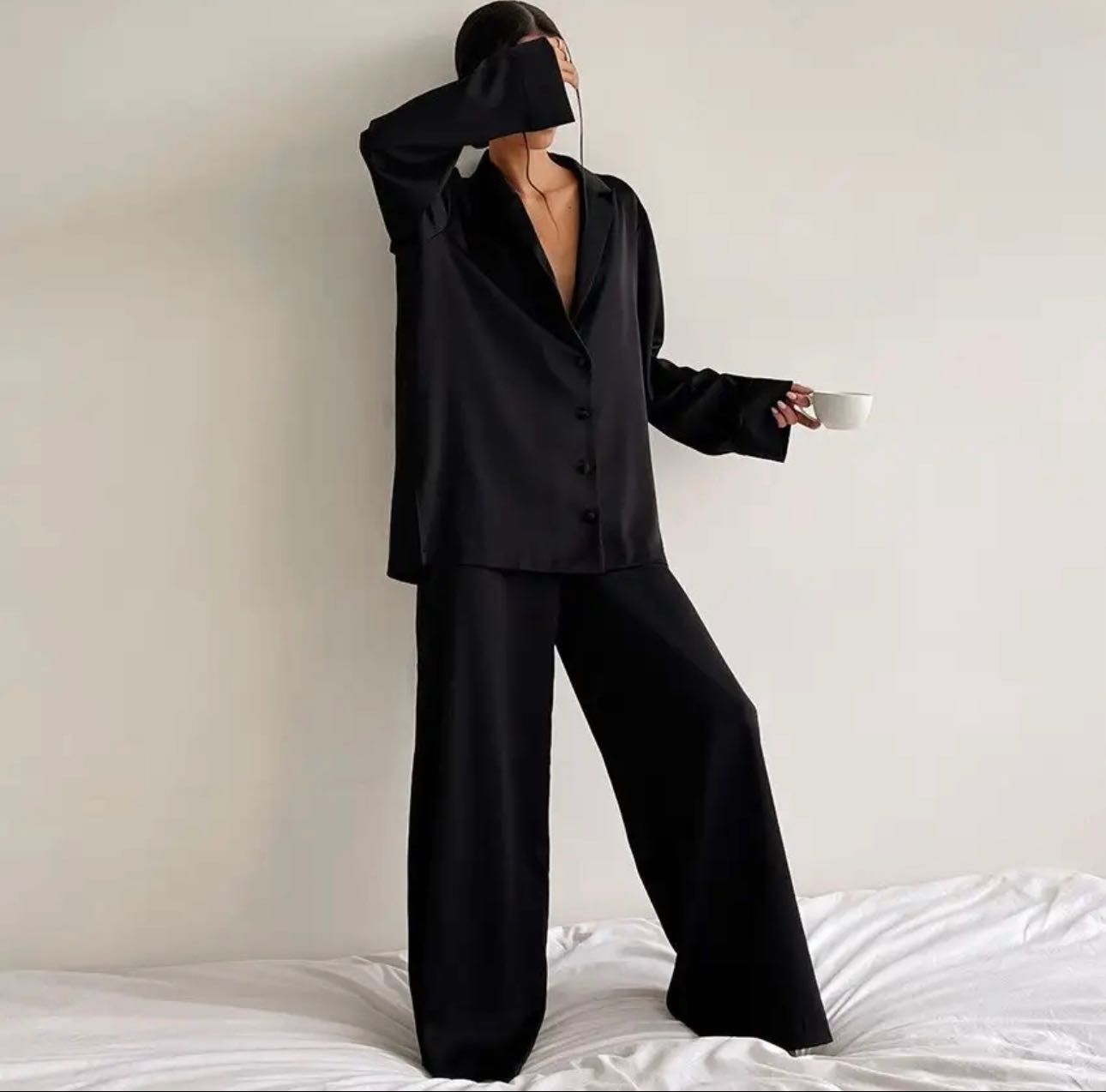 Прогулочный костюм черный, шелковый костюм, домашний костюм  Zara