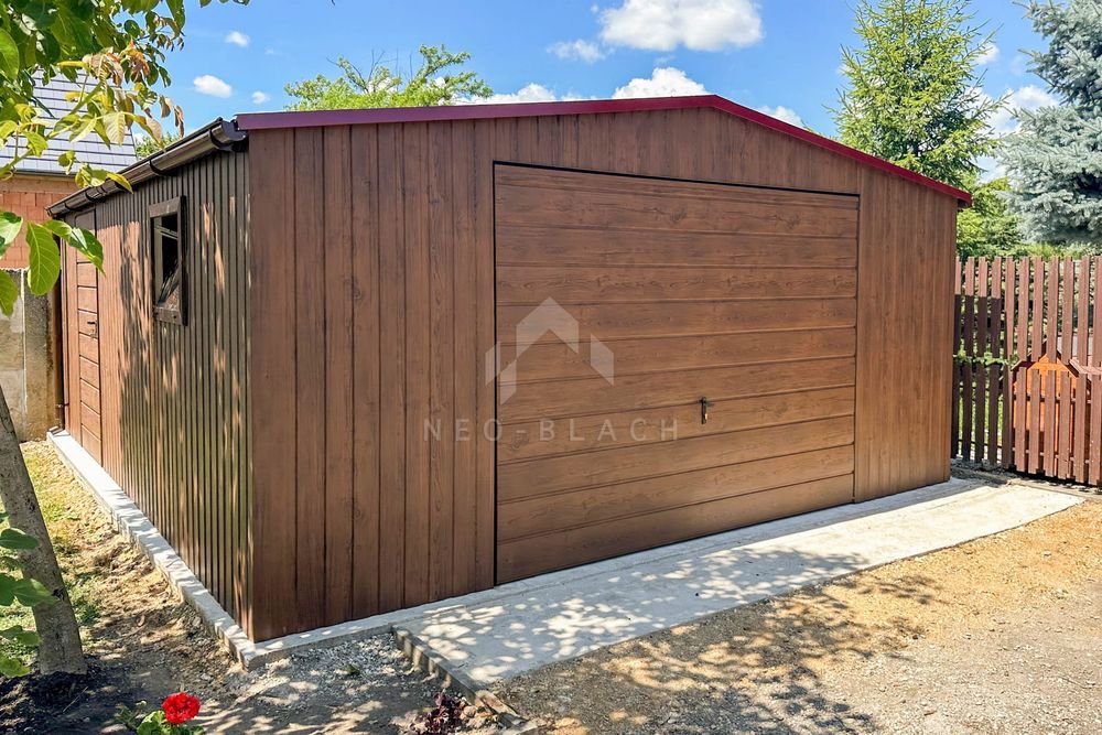 Garaż Blaszany 6X6M - Brama - Drzwi - Okno Orzech  Rynny - Nb143