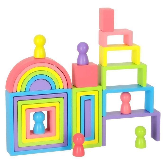 Klocki Drewniane Edukacyjne Tęcza Puzzle Montessori Kolorowe