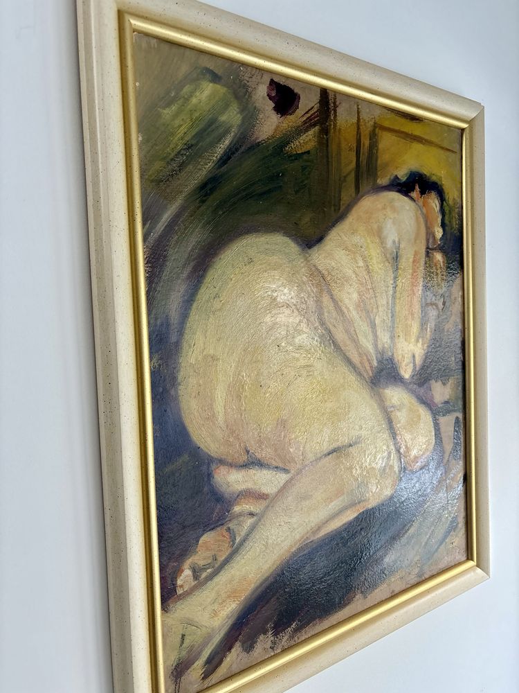 Genialny Stary Obraz Kobiecy Akt olej na płycie sygnowany Ekspresja