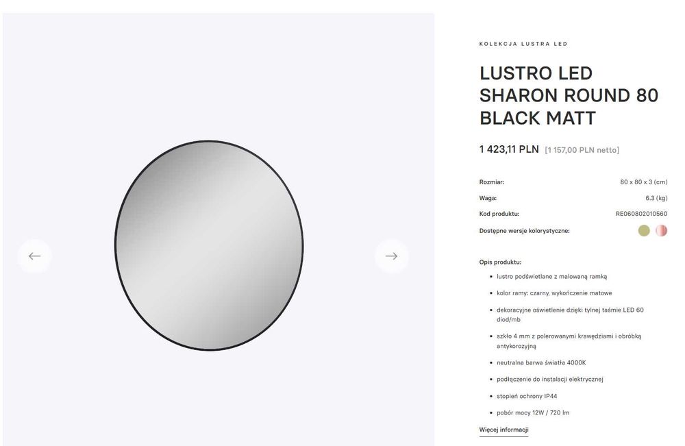 Lustro LED okrągłe 80 cm czarna rama podświetlane nowe Elita Sharon