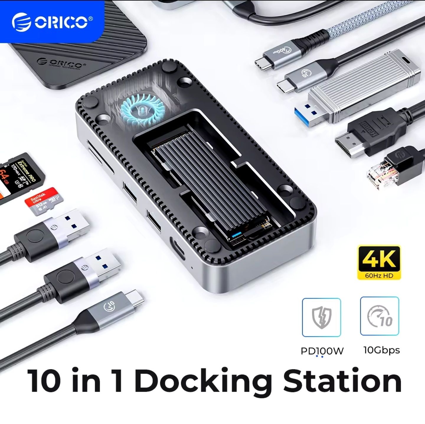 USB Hab ORICO-USB C HUB з активним охолодженням, M.2 NVMe SATA SSD