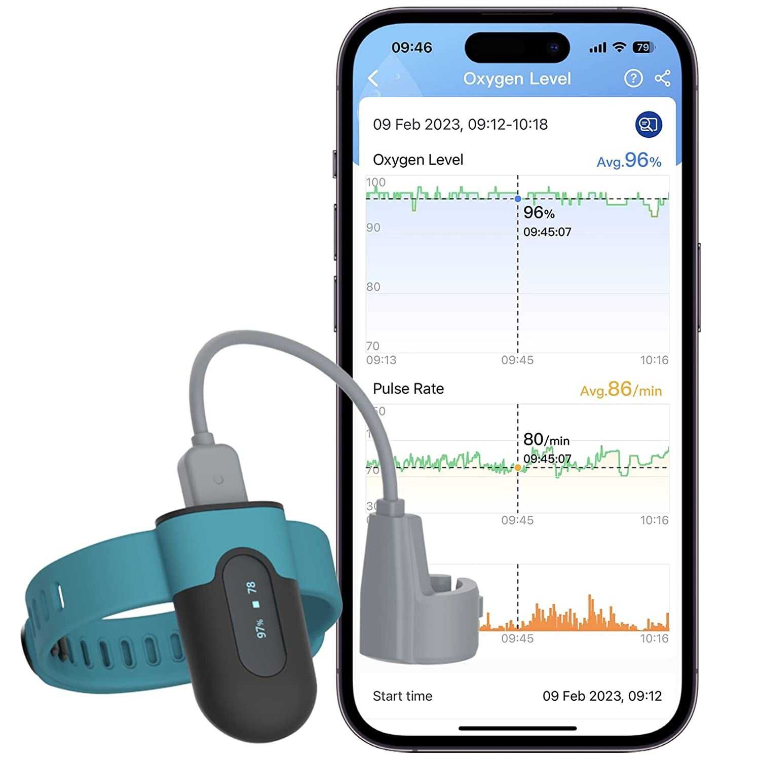 Monitor oddechu pulsoksymetr na bezdech. Wibracja, Bluetooth, APP