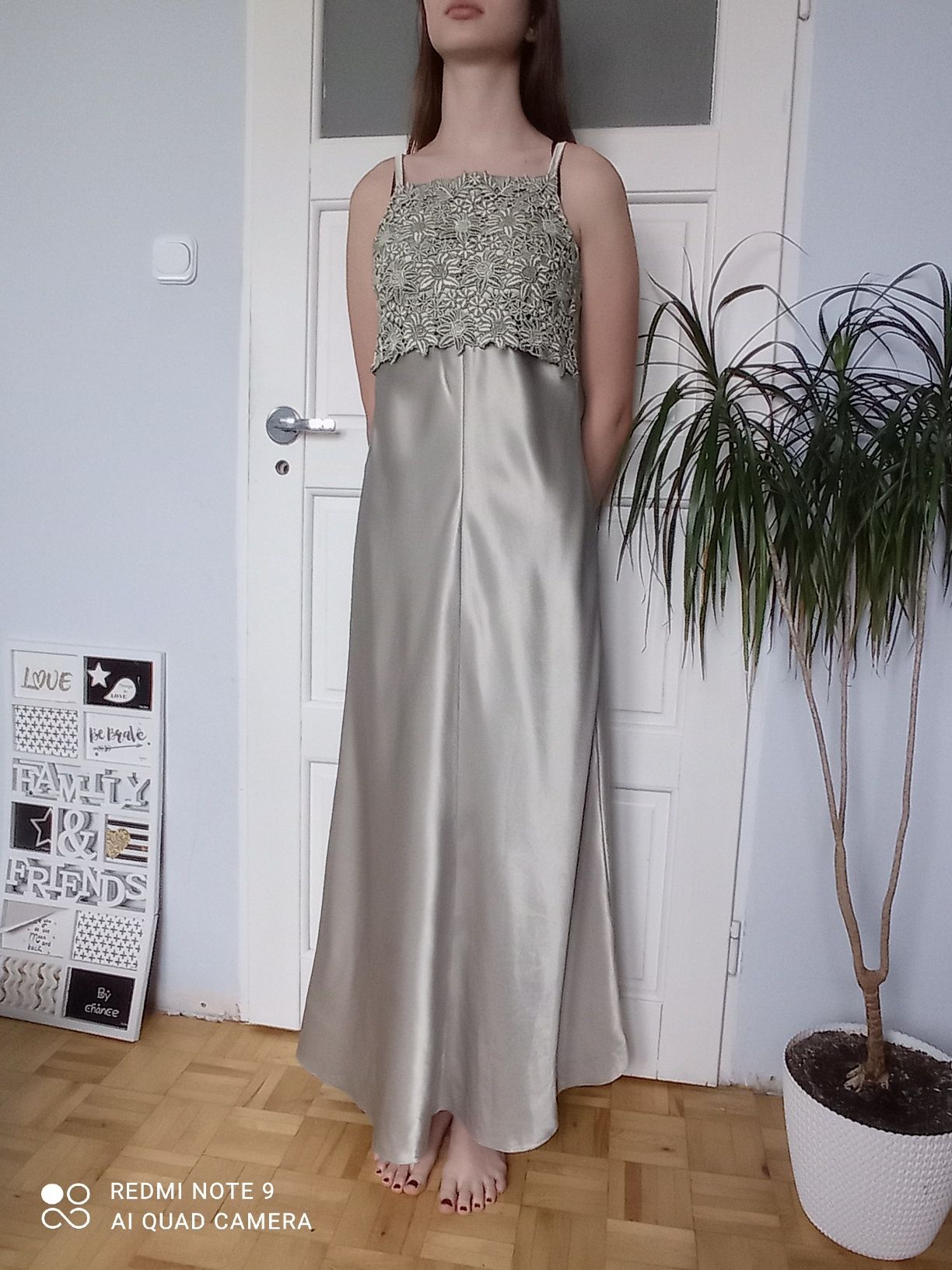 Elegancka srebrna wieczorowa sukienka suknia 38 M wesele ślub bal