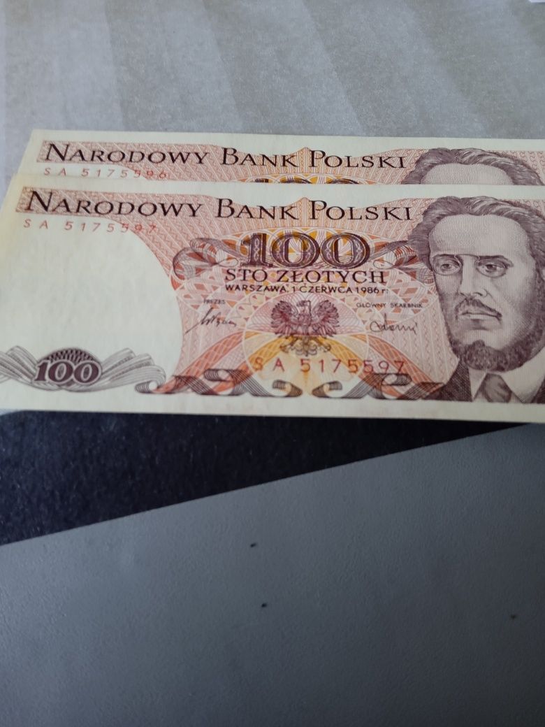 Banknoty Prl 100zl z 1986 Stan Unc cena za 2 bankn nr po nr