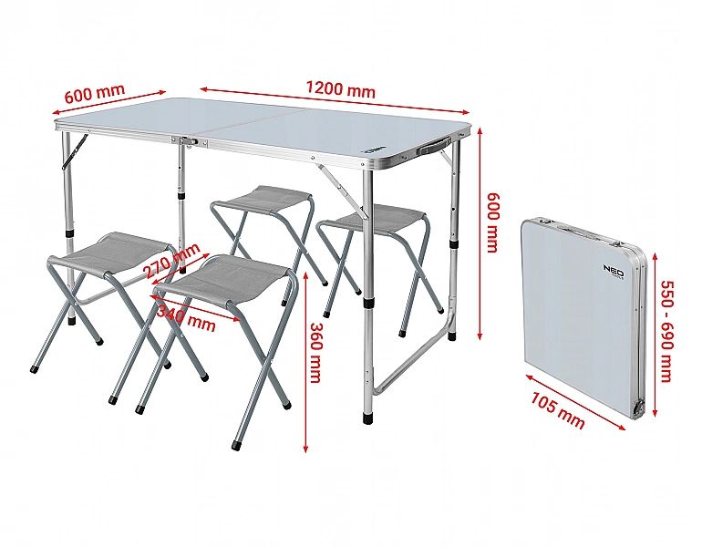 Stół, Stolik Turystyczny, Kempingowy + 4 Krzesła #