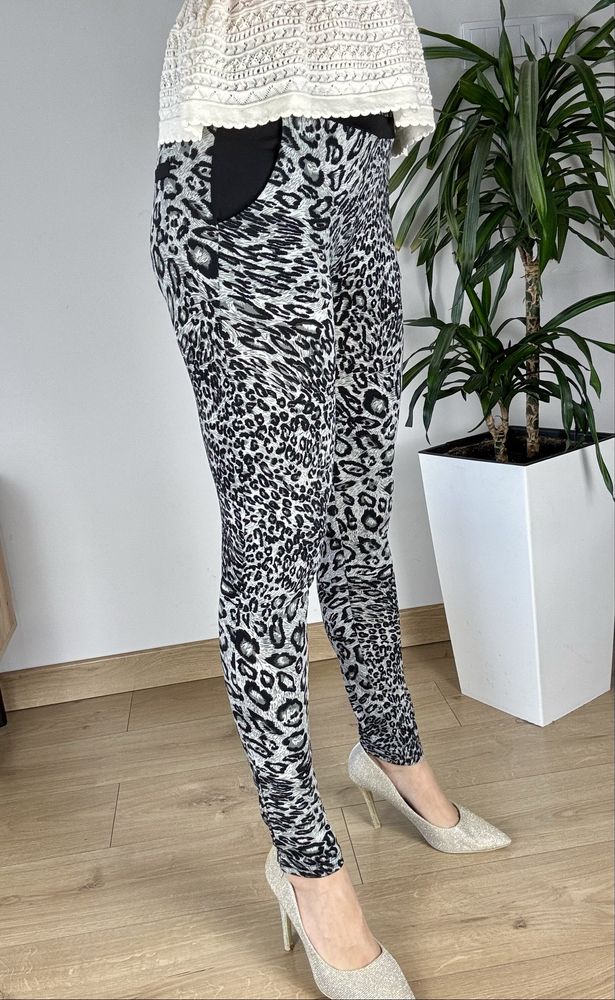 Legginsy getry panterka animal print M 38 szare czarne boho retro