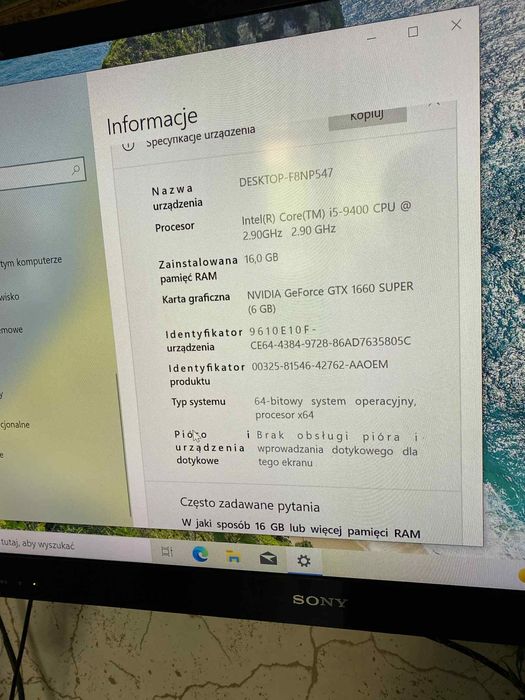 Komputer Msi Infinite S Gamingowy GTX 1660 Ram 16 Gb 1 TB i5 9 gen