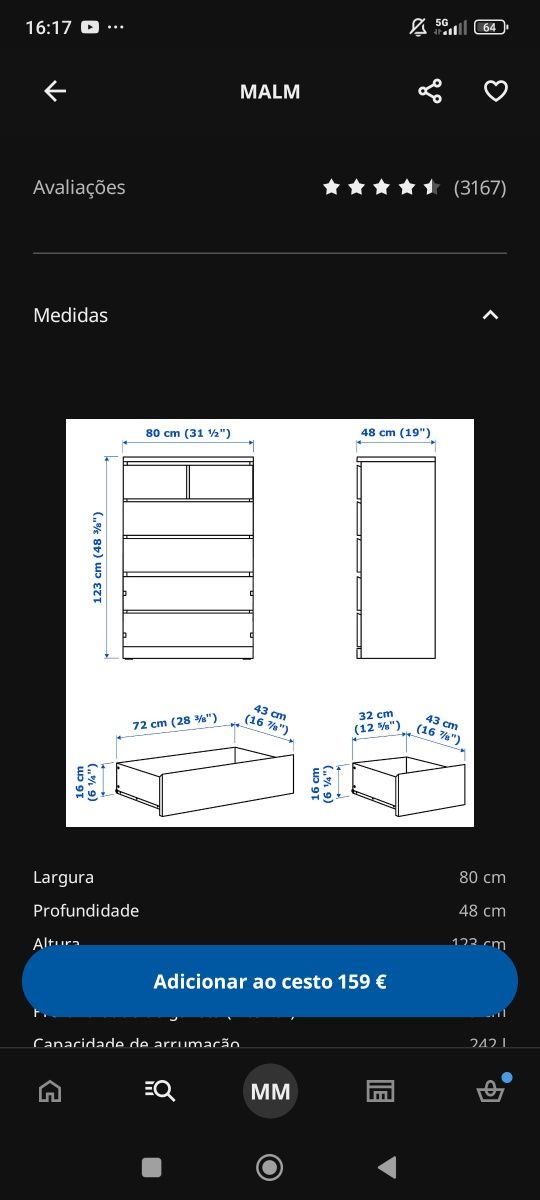 Cómoda Malm IKEA 6 Gavetas Carvalho