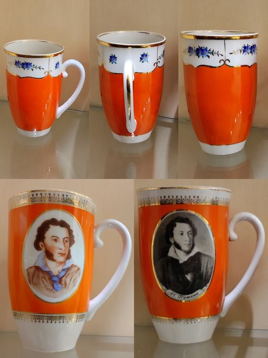 Чашка фарфоровая писатели, подстаканники посеребрянные, серебряные.