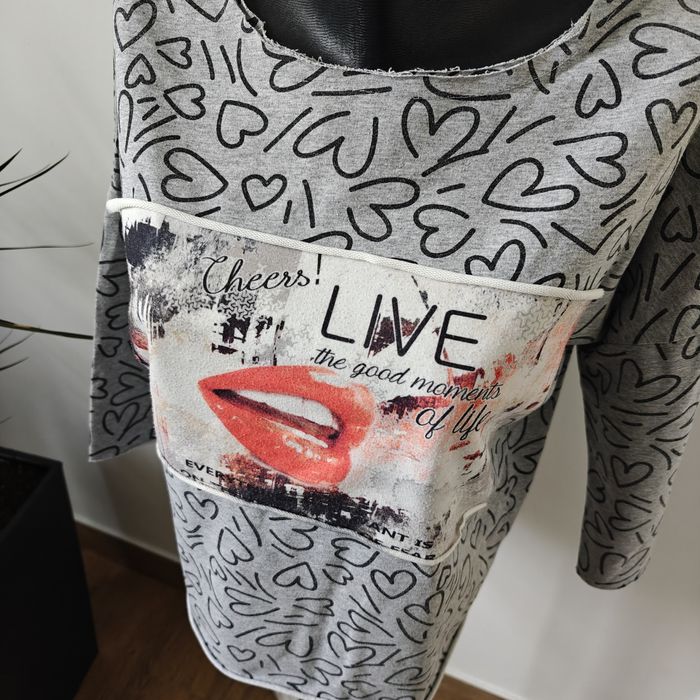 Bluzka koszulka rękawem 3/4 serca oversize luźna XS S bawełna