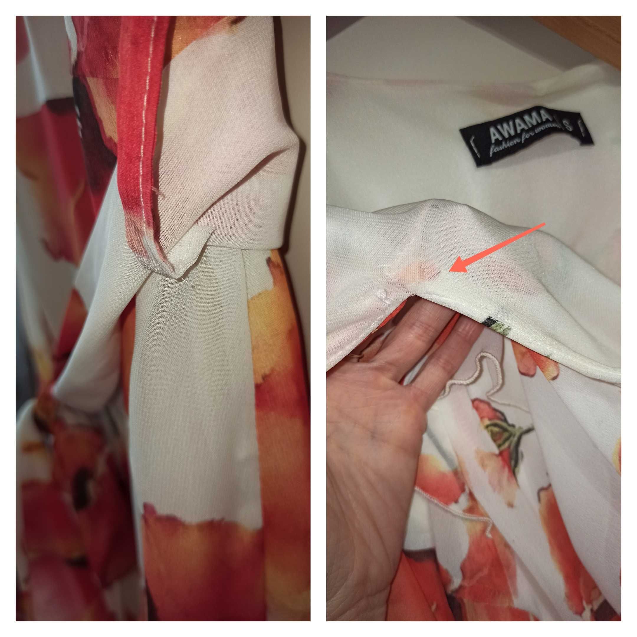 Asymetryczna sukienka w maki z falbanką biała pomarańczowa S wesele