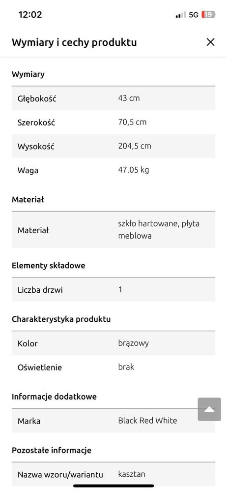 Witryna Kent 71 cm z 2 drzwiami prawa kasztan