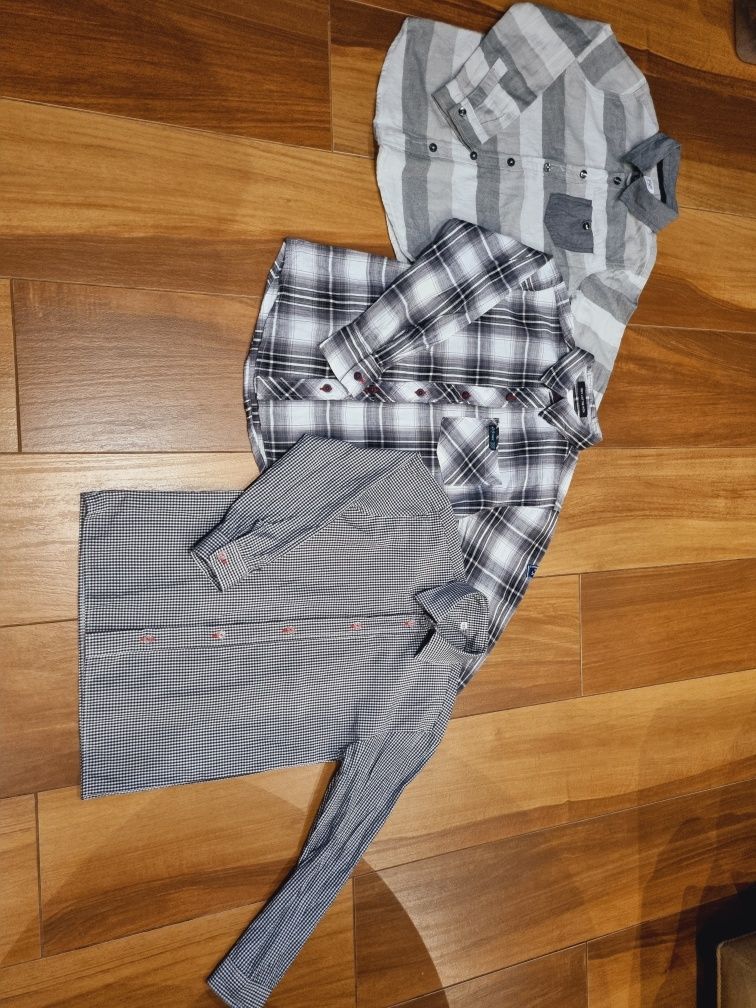 Koszula R 122/128 długi rękaw biało-szara w paski cienka flanela