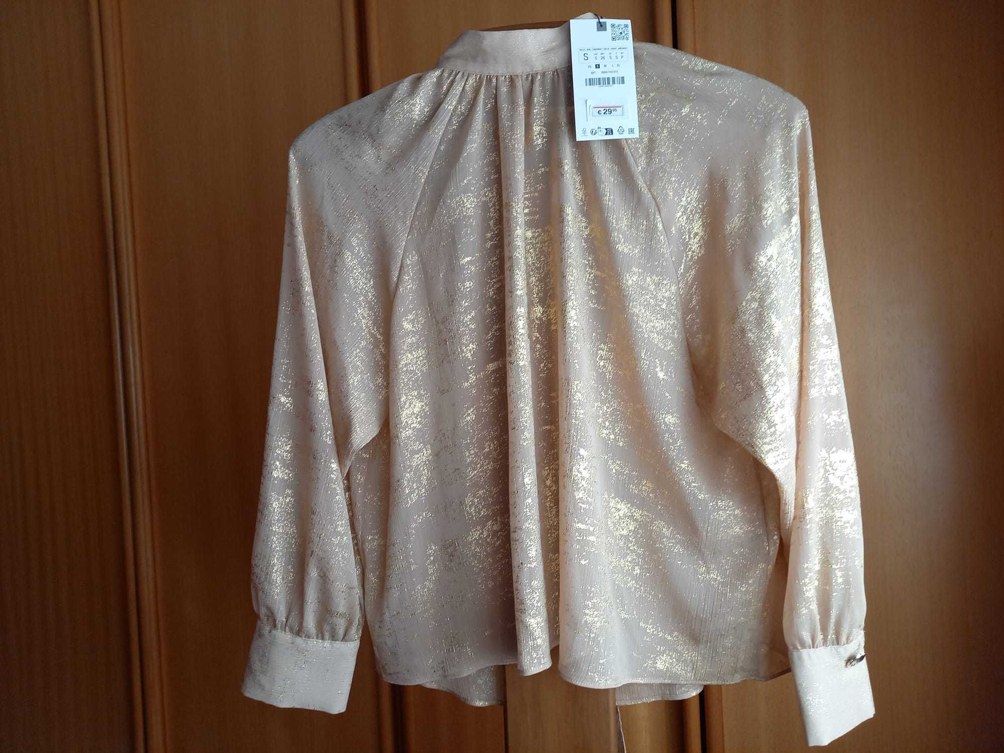 VENDIDA - (NOVA, PORTES GRÁTIS) Blusa Dourada Foil c/ Laçada (S)