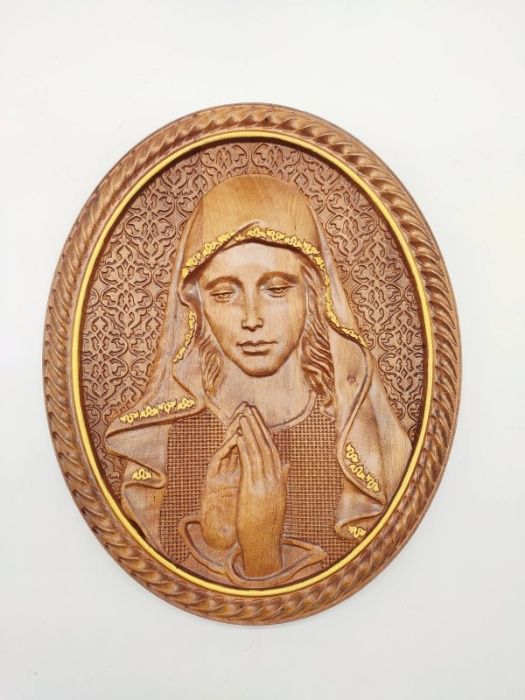Płaskorzeźba Drewniana ikona Matki Bożej , rzeżba .