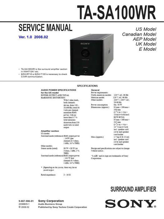 Wzmacniacz surround SONY TA-SA100WR S-AIR + karty EZW T100 i EZW-RT10