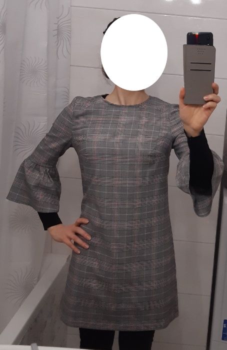 Tunika sukienka w kratę, szara, do biura, do pracy