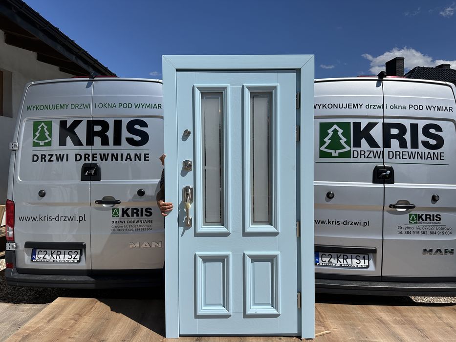 Drzwi zewnętrzne drewniane Amerykańskie MONTAŻ niebieskie schlage