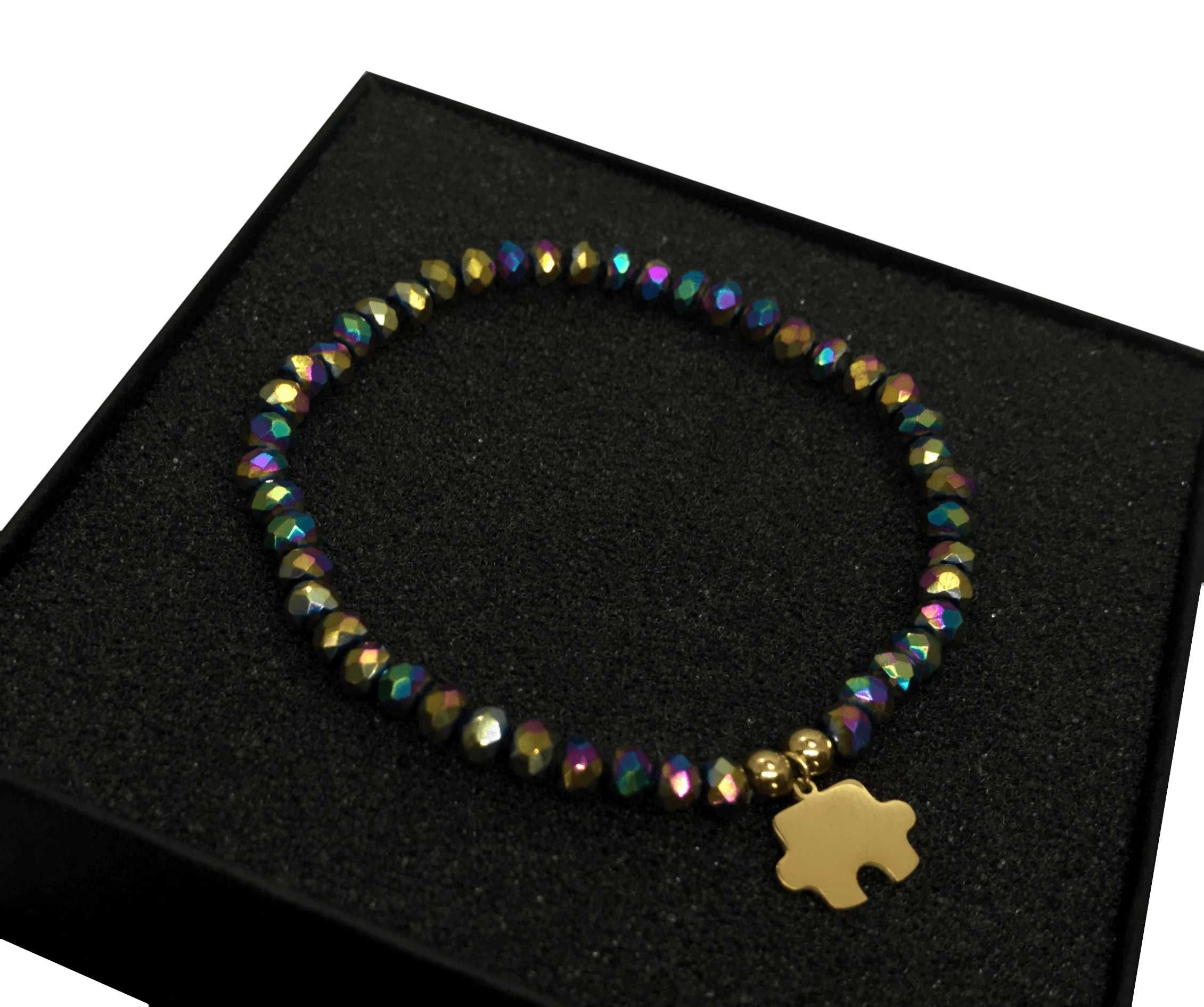 Bransoletka holo puzzel szklane koraliki 17cm stal chirurgiczna