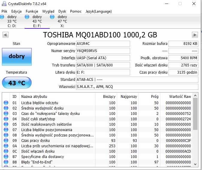 Dysk laptop notebook  2,5 cala  Toshiba MQ01ABD100 1TB HDD