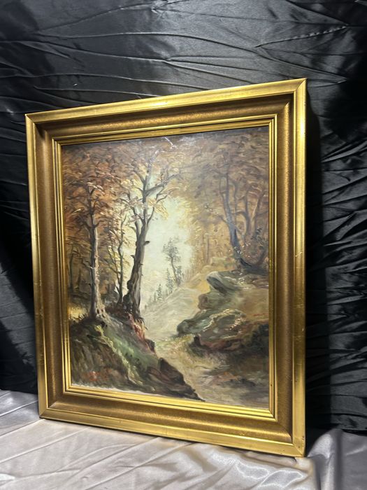 Obraz – pejzaż – olej na desce – złota drewniana rama